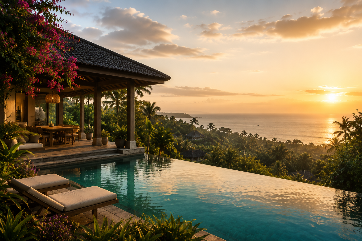 Tropical garden villa interior with open doors