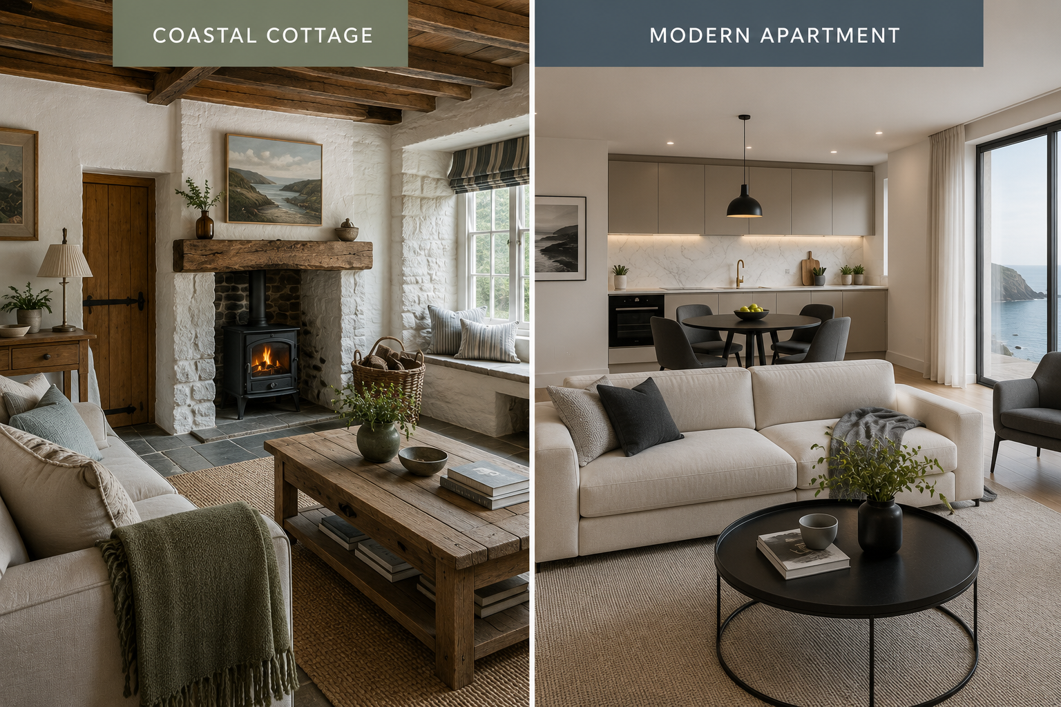 Side-by-side comparison of a stone cottage and modern apartment
