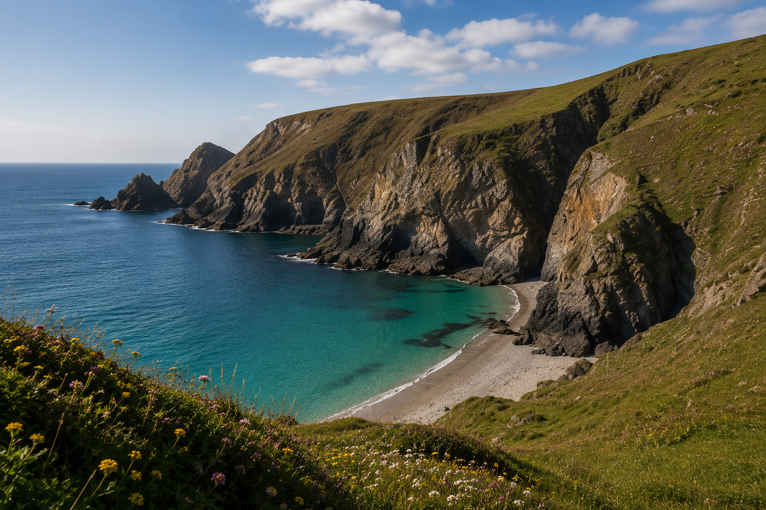 Manx coastal cove with cliffs and sea stacks
