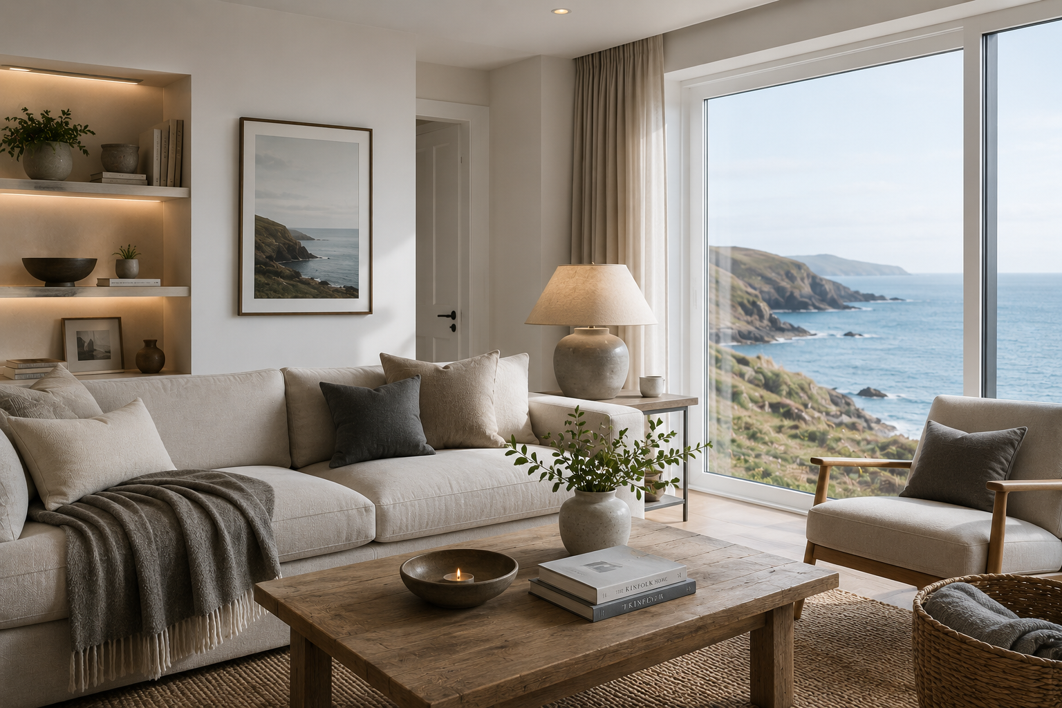Linen-dressed bed in a calm coastal bedroom