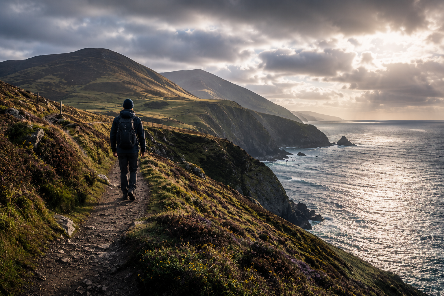 Walker on a Manx coastal path above the sea