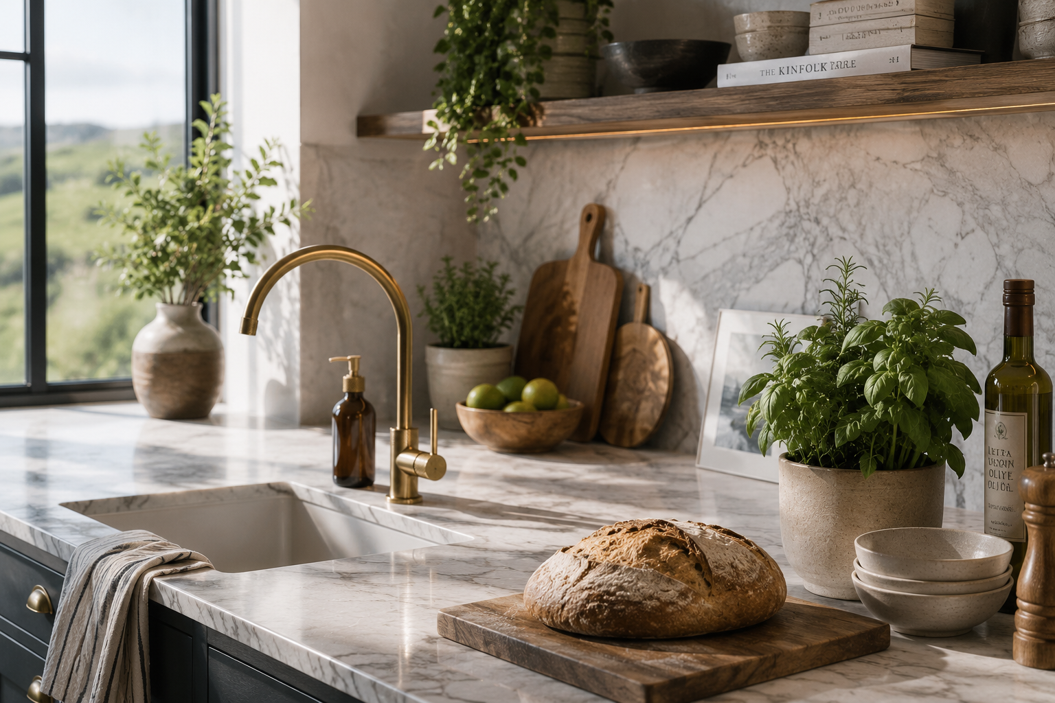 A well-designed self-catering kitchen detail with copper pans